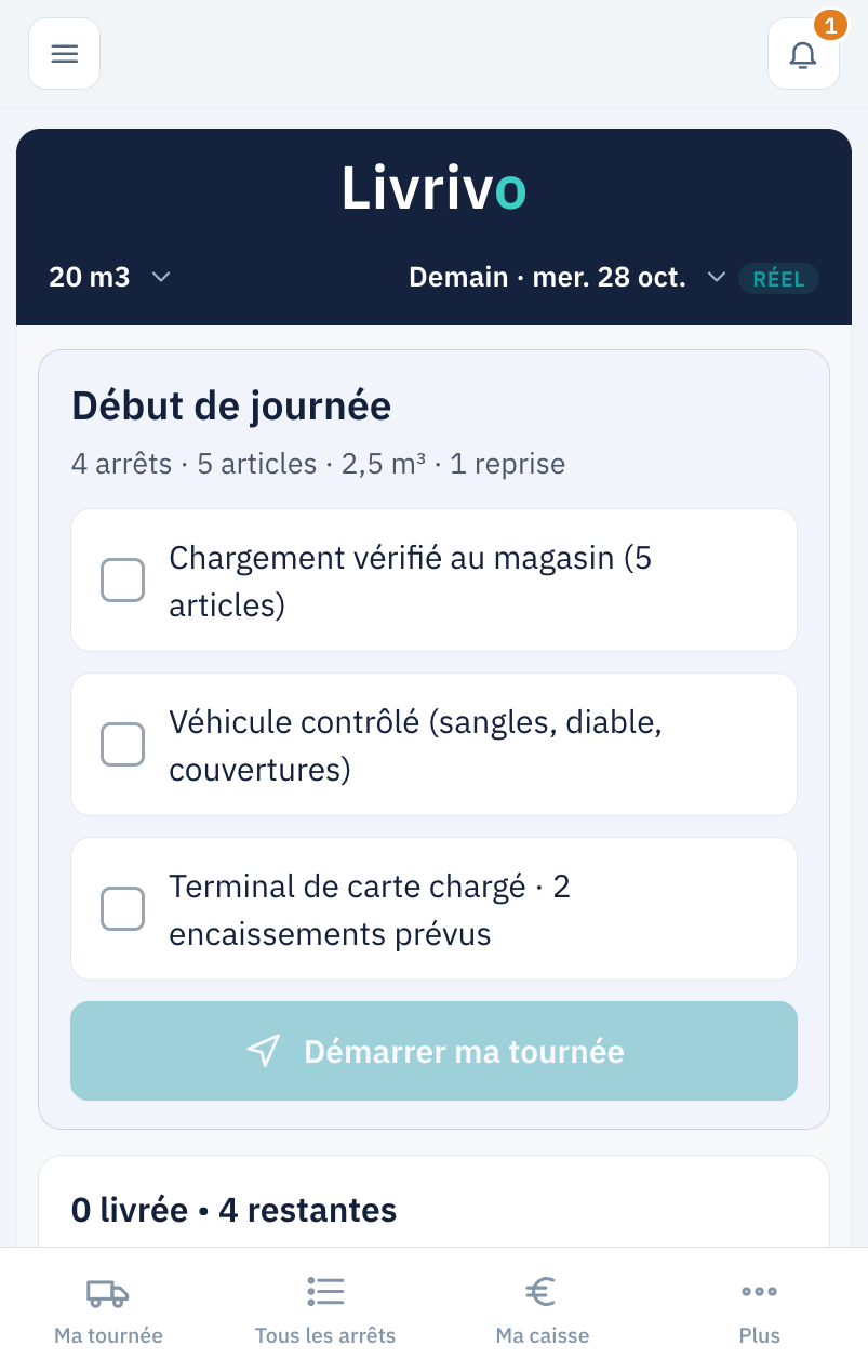 Application livreur : début de journée, camion de 20 m³, vérification du chargement, du véhicule et du terminal de carte, bouton Démarrer ma tournée.