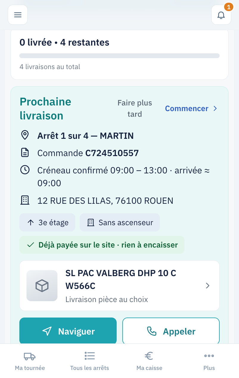 Application livreur : prochaine livraison, créneau confirmé, adresse, étage, ascenseur, article à livrer, boutons Naviguer et Appeler.