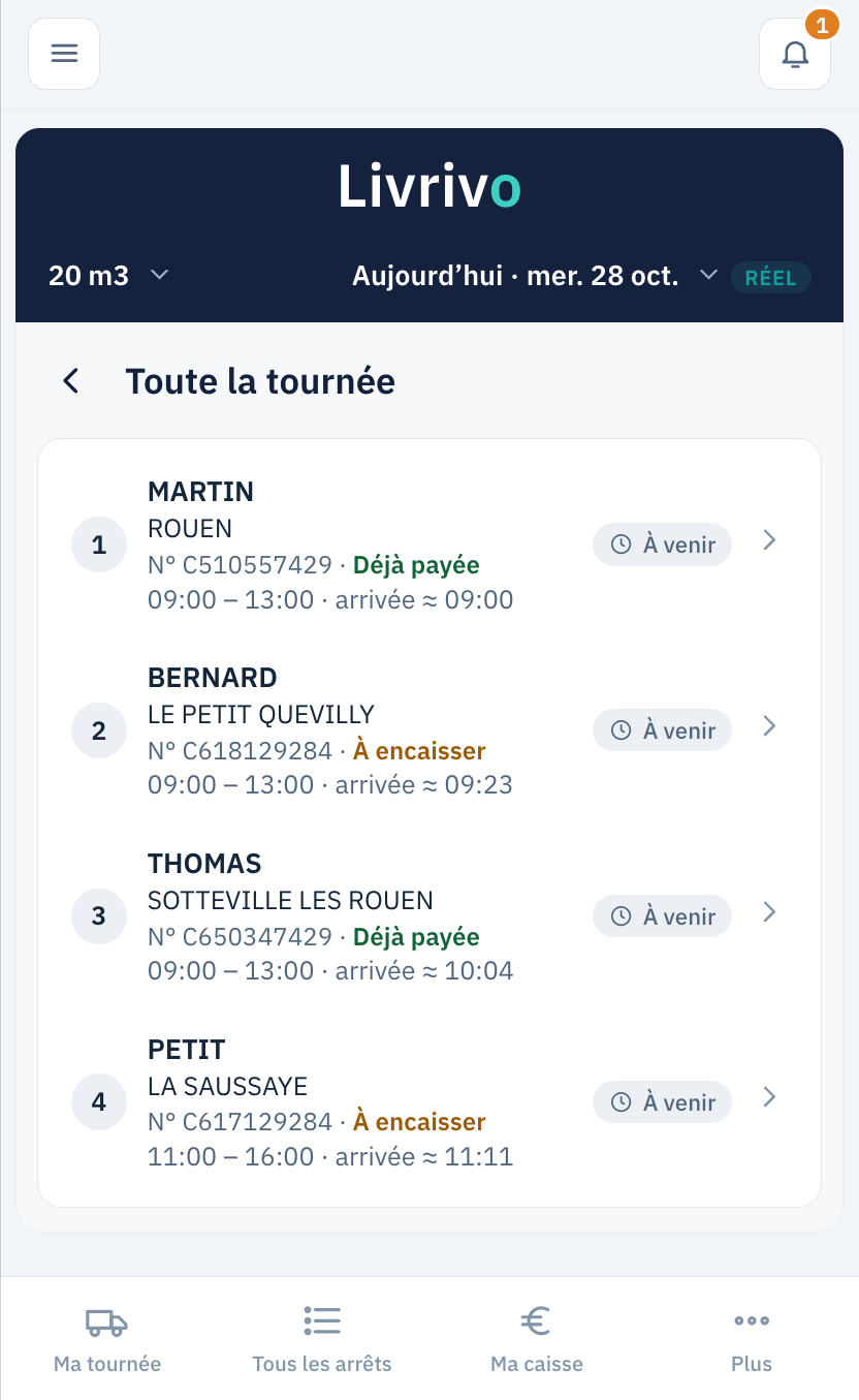 Application livreur : toute la tournée, quatre arrêts numérotés avec la ville, le numéro de commande, déjà payée ou à encaisser, le créneau et l'heure d'arrivée estimée.